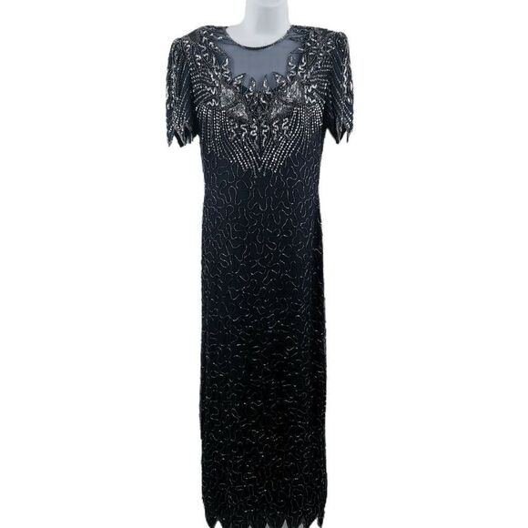 Long Vintage Scala Navy Blue Hand Embellished Dress with Blue Beads & Sequins | - Picture 1 of 4
